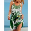 Fritidsklänningar Tropic Plant Dammode Print Klänning Midi Kvinnor Bohemian Strap Beach Lady Evening Party Ärmlös fåll