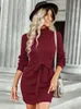 Vestidos casuais 2023 outono inverno vestido feminino europeu americano tricô quente sólido gola alta rendas até quadril wrap pullover mini saia