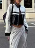 女性のジャケット SUCHCUTE 韓国ストリートコントラスト黒白プリントレザージャケットオートバイ O ネック PU コートジップアップモトバイカー女性トップス 230705