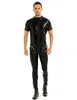 Men's Swimwear underwear wet appearance Artificial leather full set elastic short sleeve zipper crotch suitable for stage performance 230705