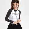 T-shirty damskie Hikigawa szykowna moda damska Patchwork raglanowy rękaw wąska litera drukuj długie koszulki Streetwear krótki Top na co dzień Mujer