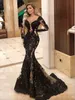 Mermaid Formele zwarte avondjurk Mouw Sexy Sheer lovertjes kant Lange prom feestjurken Custom Made 2023 Nieuw gewaad de soiree Arabisch