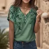 女性の Tシャツ女性の夏カジュアル中空半袖 V ネックボタントップシャツプリントレディースポリエステルスパンデックス