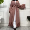 민족 의류 두바이 기모노 슬리브 카디건 여성 오픈 전면 가운 무슬림 이슬람 레이스 아바야 카프 탄 (Abaya Kaftan) 벨트 라마단 드레스