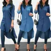 Women's Blouses Shirts Summer Women's Fashion Blue Jeans Denim Plain Brief Button Turn-down Collar Long Sleeve Casual Loose Shirt Blouse Dress 230705