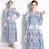 Casual Dresses High Class Blue Color Floral Printed Court Style Women Elegant V-neck Trendy Cascading Ruffles Waist Party Robe