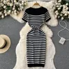 Casual Dresses Contrast Striped Knitted Dress Short Sleeve O-Neck Women Summer Midi Slim High Waisted Korean Pullover Sweater