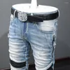Męskie dżinsy główna ulica moda męska jasnoniebieski w stylu retro Stretch Skinny Ripped Biker Homme łączone markowe spodnie hip-hopowe