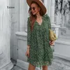 Robes décontractées imprimé léopard Mini robe col en V élégant femmes été à volants robe d'été bouton à manches longues Vestidos Boho femme lâche plage