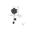 Pendant Necklaces Zircon Black Rose Flower Long Necklace Sweater Chain Fashion Metal Crystal Adjusted Jewelry Drop Delivery Pendants Dhnnd