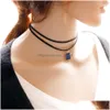 Chokers Nytt Mtilayer Svart Imitation Läder Choker Halsband Gotisk Kedja Charm Gem Pendant Vintage För Kvinnor Mode Smycken Drop D Dhmov