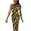 Sukienki na co dzień Czarna złota Zebra Maxi Sukienka Jedno ramię Nadruk zwierzęcy Modny Bodycon Wiosna Styl uliczny Długie kobiety Projekt Vestido