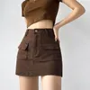 Shorts feminino americano retrô cor de café minissaia feminina verão cintura alta fino denim saia curta com bolso