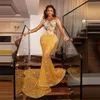 Sexy gelbe Perlen Aso Ebi Abendkleider Sheer Long Sleeves Applikationen Kristalle Gefrieste Meerjungfrau Abendkleid Luxus Vestidos