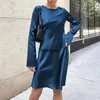 Robes décontractées robe en soie Satin pour femmes élégant à manches longues genou longueur soirée O cou une ligne 2023 mode été femmes