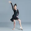 Stage Wear Children Latin Dance Performance Costumes Mesh Sleeved Tassels Skirts Suit Girls Chacha Rumba Tango Practice DN14650