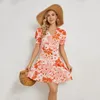 Casual Dresses Summer Sweet V-Neck Flower Printed Short Dress for Women Chiffon Puff Sleeve Loose A-Line Fashion Robe Femme 26075