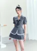 作業ドレス女性花柄レース 2 枚セット韓国ヴィンテージスタイルエレガントな半袖ブラウスハイウエストミニスカートスーツ女性の衣装