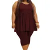 Women's Plus Size Pants Summer Two Piece Clothing Sexy Sleeveless Fashion Draped Solid Color Casual Loose Short Suit drop 230705