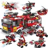 Moulé Sous Pression Modèle HUIQIBAO Ville Lutte Contre L'incendie 8in1 Camions Voiture Hélicoptère Bateau Blocs de Construction Pompier Chiffres Homme Briques Jouets Pour Enfants 230705