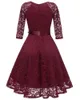 Casual Kleider 3/4 Hülse V-ausschnitt Vintage Spitze Kleid Robe Femme Elegante Frauen Rot Aushöhlen Abend Party Vestidos De Festa