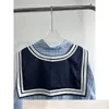 Women's T Shirts 2023 Spring/Summer Loose Versatile Navy Tie Vertical Stripe Blue Shirt Curved Bottom