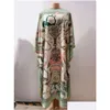 Ethnic Clothing Length 130Cm Bust 130 Cm Elegant Printed Silk Caftan Lady Dresses Loose Style Dashiki African Muslim Women Long Drop Dhkqc