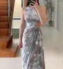 Casual Dresses Printed Sexy Off Shoulder Lace Dress For Woman 2023 Summer Waist Slim Fit Oblique Sleeveless Temperament Long Skirt