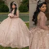 2023 Ball Gown Quinceanera Dresses Bridal Gowns Blush Pink Sparkly Rose Gold Sequined Illusion Corset Hollow Back Sequins Long Sleeves Sweet 16 Dress With Flowers