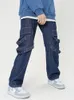 Men's Jeans Men's Retro Blue Cargo Wide For Men Fashionable Zipper Pockets Streamer Streetwear Casual Leg Denim Overalls Hip Hop