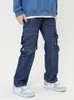 Calças de brim masculinas retro azul carga larga para homens moda zíper bolsos streamer streetwear casual perna denim macacão hip hop