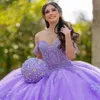 Iskrzące fioletowe sukienki Quinceanera Off the Shoulder koronkowe aplikacje słodka 15 sukienka koralikowa suknia balowa Vestido De 16 Anos