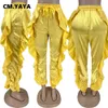 Pantalons pour femmes Capris CM.YAYA Femmes Mode Comestible Arbre Champignon Ruffles Jogger Pantalon 2023 Été Printemps Streetwear Satin Élastique Pantalon J230705