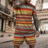 Men's Tracksuits Summer 2pcs Casual Sportswear Suit Sets Wave Print Fitness Loose Tracksuit Male Short Sleeve Shirts And Shorts