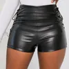 Women's Shorts Women High Waist Lace-Up Booty Female Skinny Faux Leather Push Up Black Club Party Streetwear