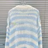 Women's Sweaters Luxury Women Knitted Tops Blue White Striped t Shirts Puffy Sleeve Sweater Autumn Spring Casual Top Lady Daily Sexy Hollow Jumper Shirt