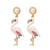 Dangle Earrings Timlee E057 Personality Flamingo Bird Imitation Pearl Rhinestone Alloy Drop Originality Jewelry Wholesale