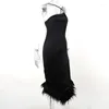 Casual Dresses 2023 Summer Halter Party Dress Fashion Chic Black Bodycon Fur Patchwork Long Elegant Slim Satin Evening Robe Vestidoss