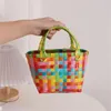 Shopping Bags PVC Beach Handmade Woven Women's Handbag Colorful Plaid Vegetable Fruit Basket Grocery Storage Summer Square Shopper Bolsas