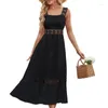 Casual Dresses Womens Summer Guipure Floral Lace Sleeveless Cami Long Dress Square Neck High Waist Ruffle Hem A-Line Insert Swing