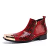 Britisch 6572 Winter echter Leder -Knöchel für Männer Red Snake Skin Skin Square Zehen Metall Stiefel Motorradkleid Party Mann