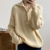 DUOFAN Herfst Winter Dikker Gebreide Trui Vrouwen Casual Halve Rits Polo Kraag Losse Gebreide Truien Vrouwelijke Paarse Jumper