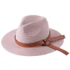 Women Classic Flat Brim Belt Straw Cap Sun Hat Simple Summer Beach Hat Female Casual Panama Hat Lady Fedora