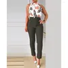 Femmes deux pièces pantalon mode décontracté ensemble 2023 printemps mignon frais doux taille haute avec ceinture fleur imprimé licou débardeur