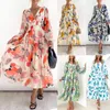 Freizeitkleider Damenmode Bohemian Langes Kleid V-Ausschnitt Ärmel Blumendruck Elegante Strandparty für den Urlaub