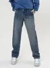 남성 청바지 넓은 레그 레트로 블루 푸른 일본식 캐주얼 패션 부드러운 큰 포켓 의류 남자 바지