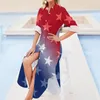 Sukienki na co dzień Sukienka z nadrukiem w gwiazdy Patriotyczne czerwone białe niebieskie gwiazdy Moda koreańska z długim rękawem Elegancka grafika Oversize Vestido