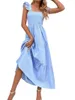 Casual Dresses TUSFTAY Women Sleeve Square Neck Tiered Smocked Long Dress Summer Solid Loose Swing Party Boho Beach Sundress (Blue