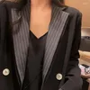 Jaquetas femininas femininas de alta qualidade listrada splice blazer 2023 primavera outono moda solta casacos duplos abotoados senhora elegante chique tops