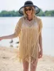 Roupa de banho feminina túnica de crochê bege sexy oca transparente mini vestido com franjas roupas de verão roupas de praia femininas maiô cobertura